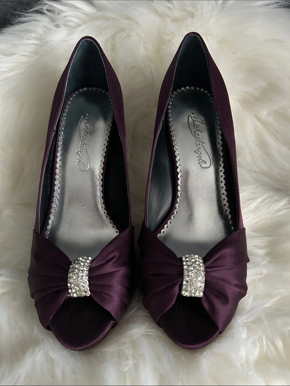 Michaelangelo Plum Satin Peep-Toe Heels with Crystal Bow